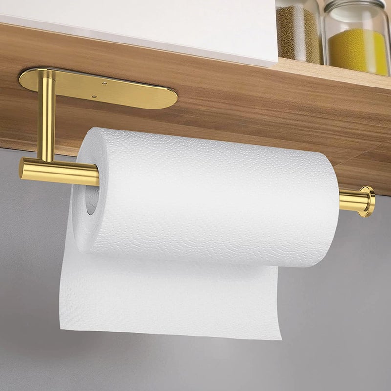 Gewtur Gold Paper Towel Holder Under Cabinet  Adhesive Paper Towel Roll Holder Stick on Wall  Stainless Steel Towel Paper Holder for Bathroom Kitchen - Image 2